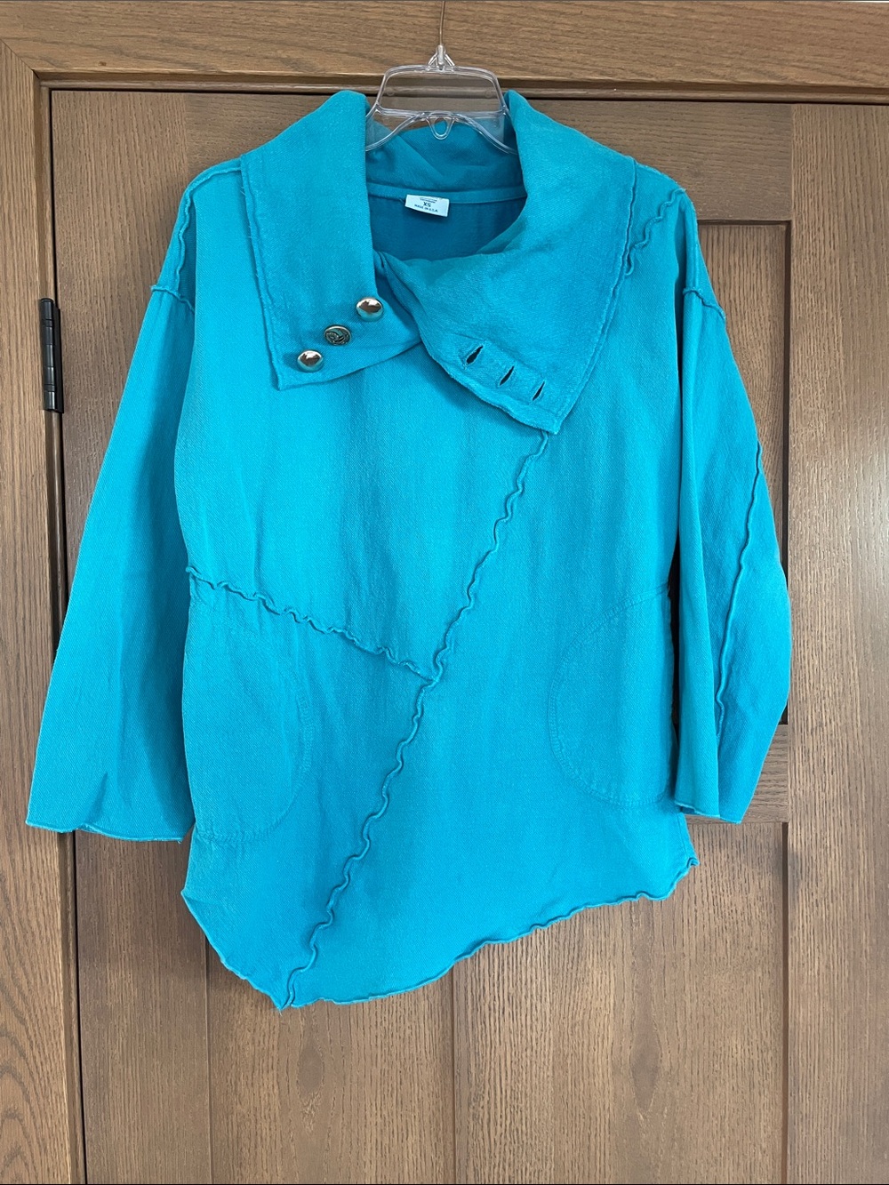 Women’s Cotton Turquoise Asymmetrical Collar Top made in USA